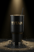 Matte black TITAN insulated stainless steel tumbler with gold logo, straw, and water droplets on a marble base.
