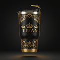 20oz black stainless steel tumbler with gold regal filigree, royal crown accents, and "TITAN" branding.