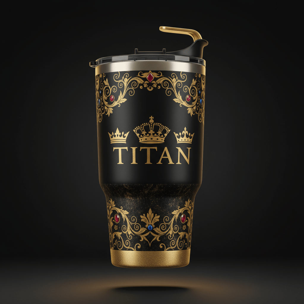 20oz black stainless steel tumbler with gold regal filigree, royal crown accents, and "TITAN" branding.