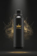 Matte black TITAN insulated water bottle with gold crown logo, centered against a dark background with gold smoke.