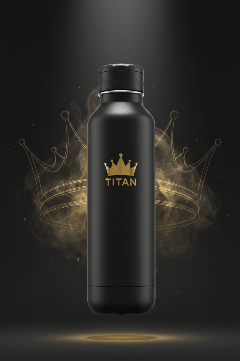 Matte black TITAN insulated water bottle with gold crown logo, centered against a dark background with gold smoke.