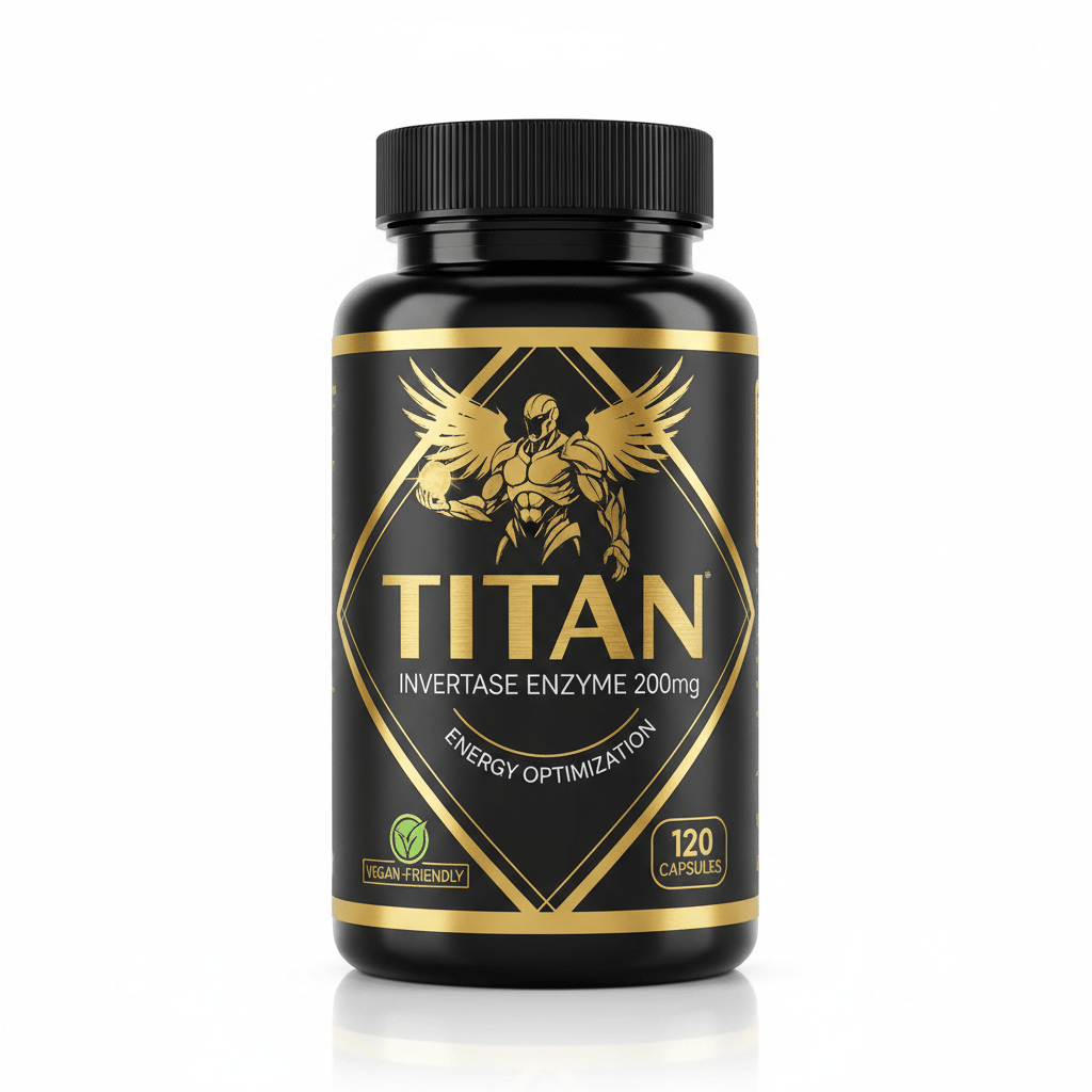 Black bottle of TITAN Invertase Enzyme 200mg with gold winged figure logo, text, and 120 capsules label.