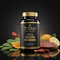 Titan Iron 65mg supplement bottle with gold accents, surrounded by spinach, steak, orange slices, and red capsules.