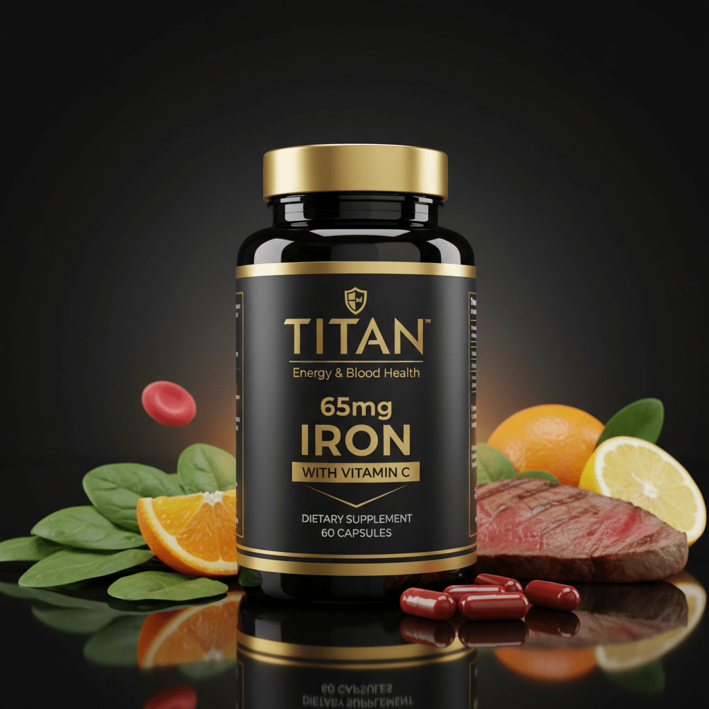 Titan Iron 65mg supplement bottle with gold accents, surrounded by spinach, steak, orange slices, and red capsules.