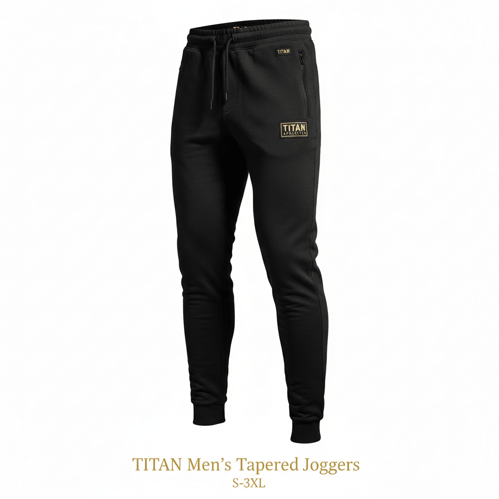Men's black tapered joggers with drawstring waist, side zip pockets, and gold TITAN branding patches.