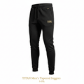 Men's black tapered joggers with drawstring waist, side zip pockets, and gold TITAN branding patches.