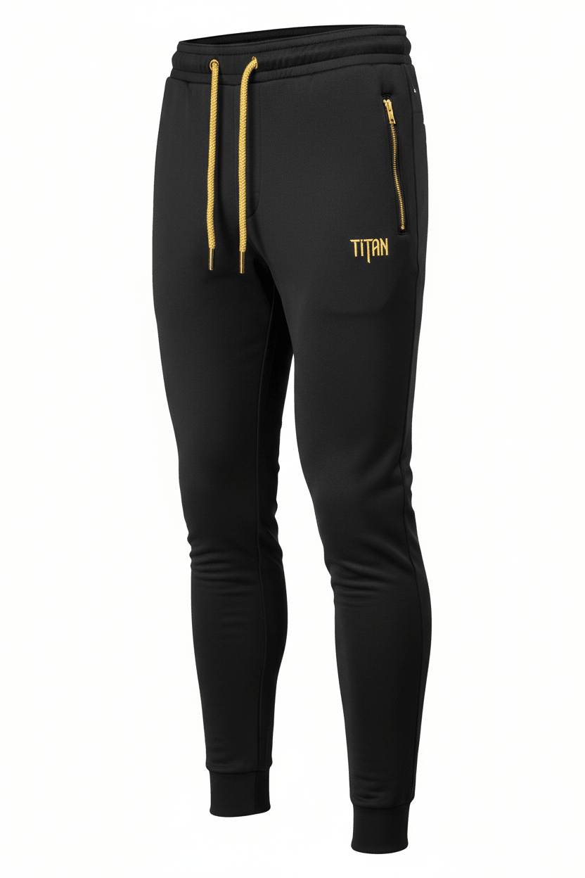 Black TITAN tapered joggers with gold drawstring, matching gold zippered pockets, and embroidered gold logo.
