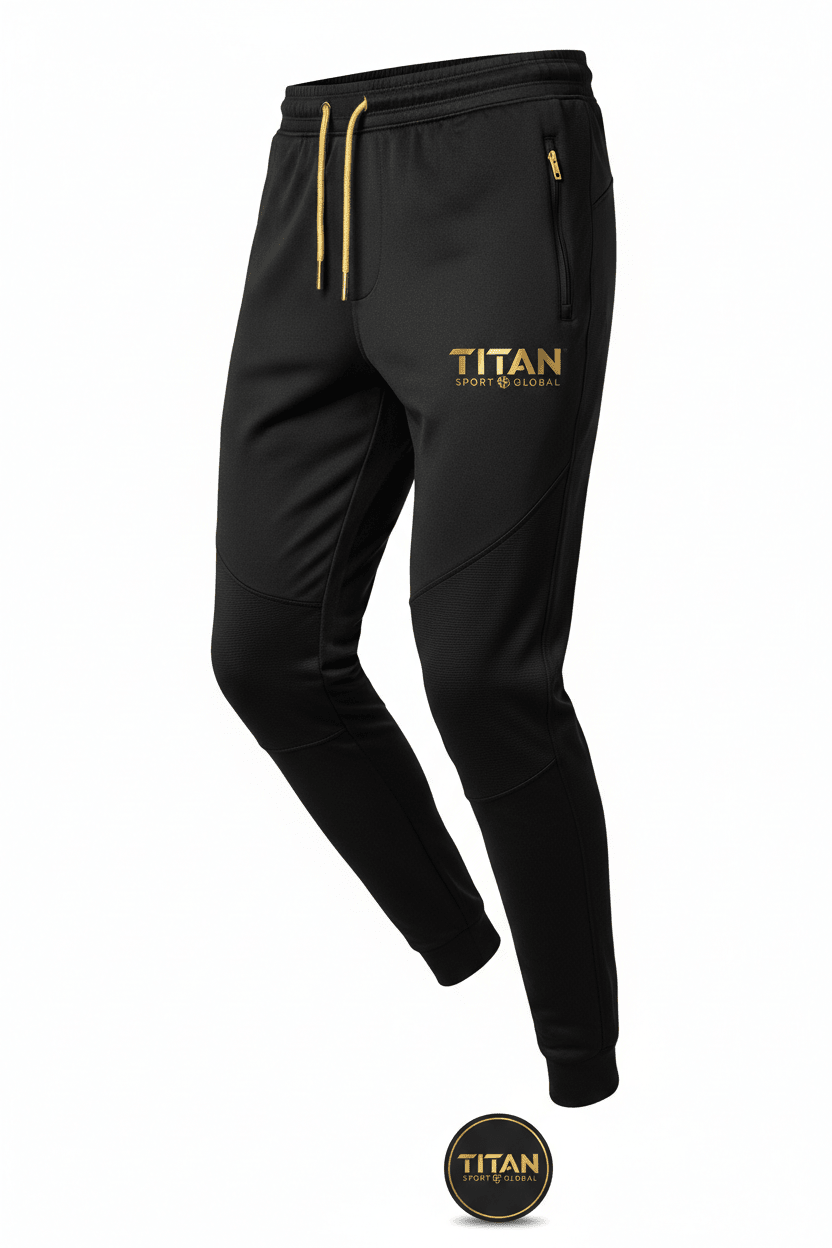 Black Titan Sport Global joggers with gold drawstring, gold logo, zippered pocket, and textured knee panel details.