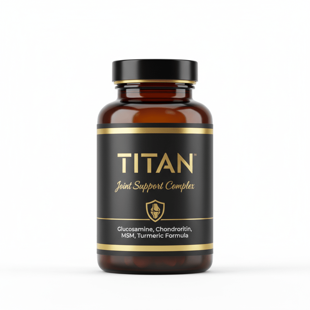 Amber supplement bottle with black label, gold text, and joint icon, labeled TITAN Joint Support Complex.