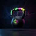 Black kettlebell with neon-dripping handle and glowing gradient crown logo against a dark electric-pattern background.