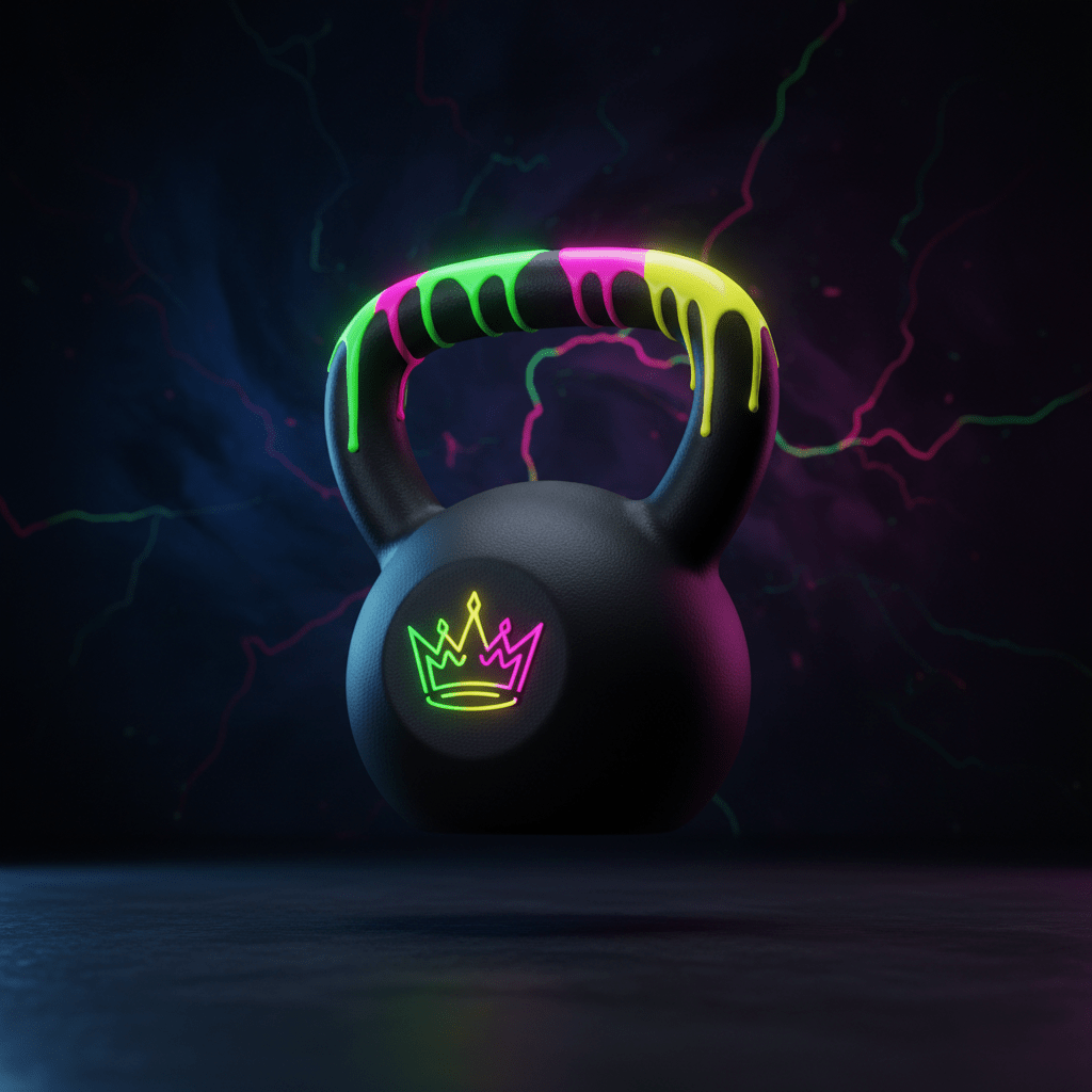 Black kettlebell with neon-dripping handle and glowing gradient crown logo against a dark electric-pattern background.