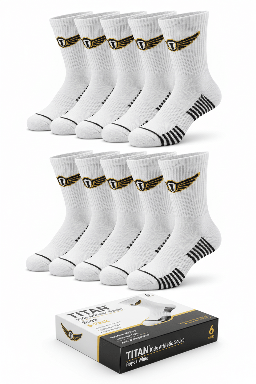 TITAN 6-pack boys' white crew athletic socks with gold and black winged logo, ribbed arch, and black toe-heel detail.