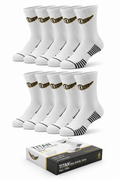 TITAN 6-pack boys' white crew athletic socks with gold and black winged logo, ribbed arch, and black toe-heel detail.