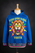 Blue youth hoodie featuring a vibrant lion graphic, neon lightning bolts, and a geometric pattern at the hem and cuffs.