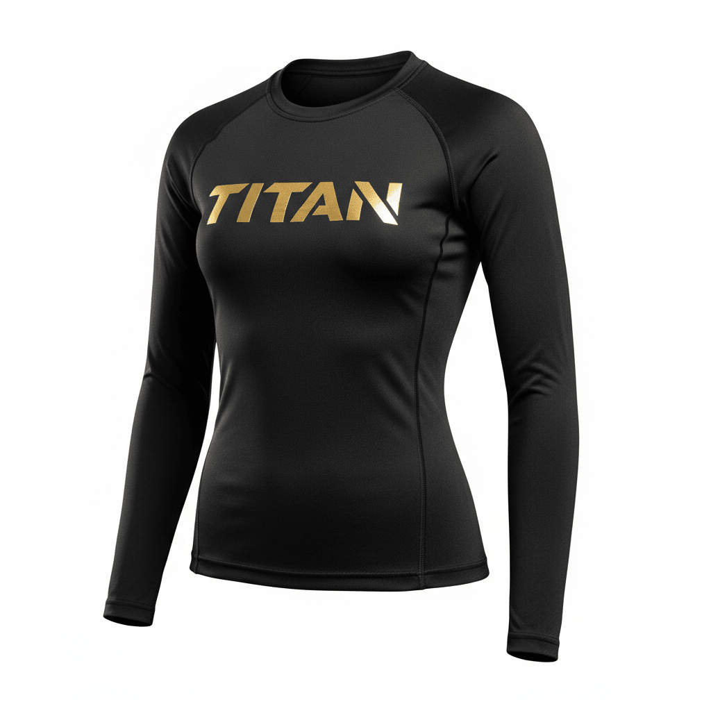 Girls' black long-sleeve compression shirt featuring a metallic gold TITAN logo on the chest.