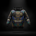 Black kids' full-zip hoodie with gold crowns, blue wings, and "Young Champion" text in a colorful ornate style.