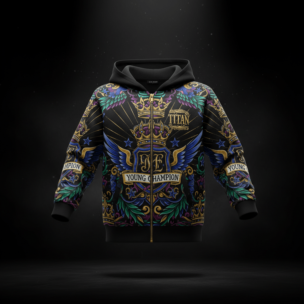 Black kids' full-zip hoodie with gold crowns, blue wings, and "Young Champion" text in a colorful ornate style.