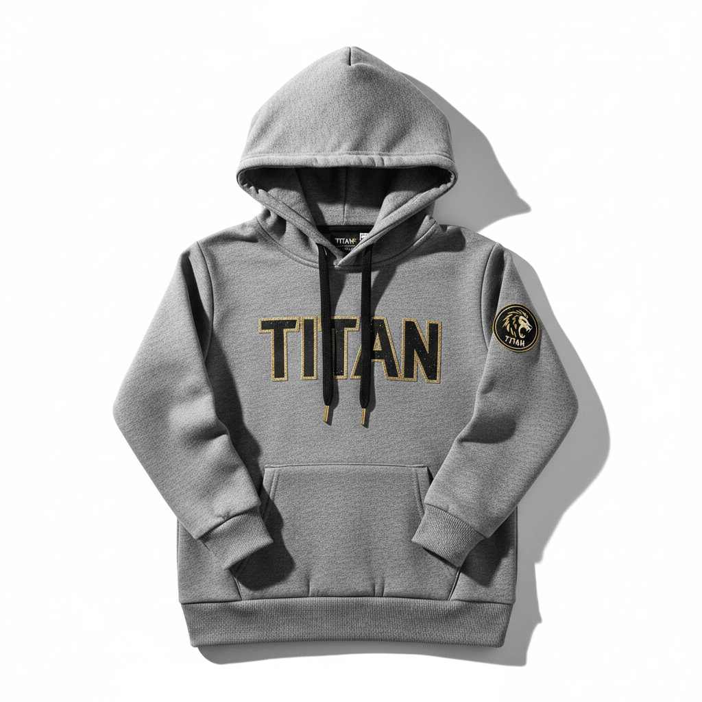 Gray kids' hoodie with black drawstrings, gold-bordered "TITAN" chest text, and a circular lion logo on the sleeve.