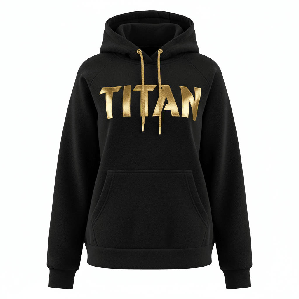 Black kids' hoodie featuring a gold "TITAN" logo on the chest, matching gold drawstring, and a front kangaroo pocket.