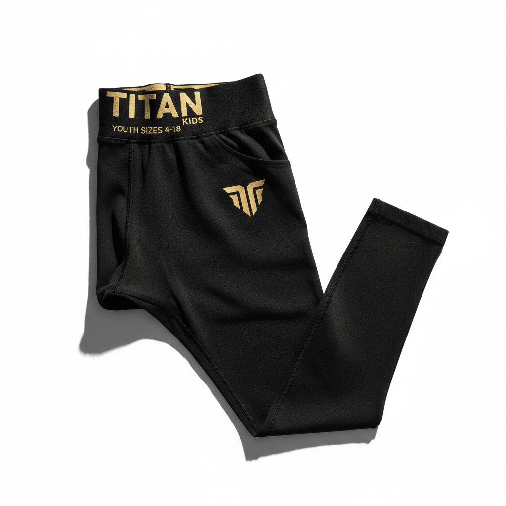 Black TITAN kids leggings featuring a gold elastic waistband, TITAN logo, and small gold hip emblem.