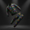 Kids' black tracksuit set featuring gold crowns, blue stars, red banners, and "TITAN" branding on a dark floral print.