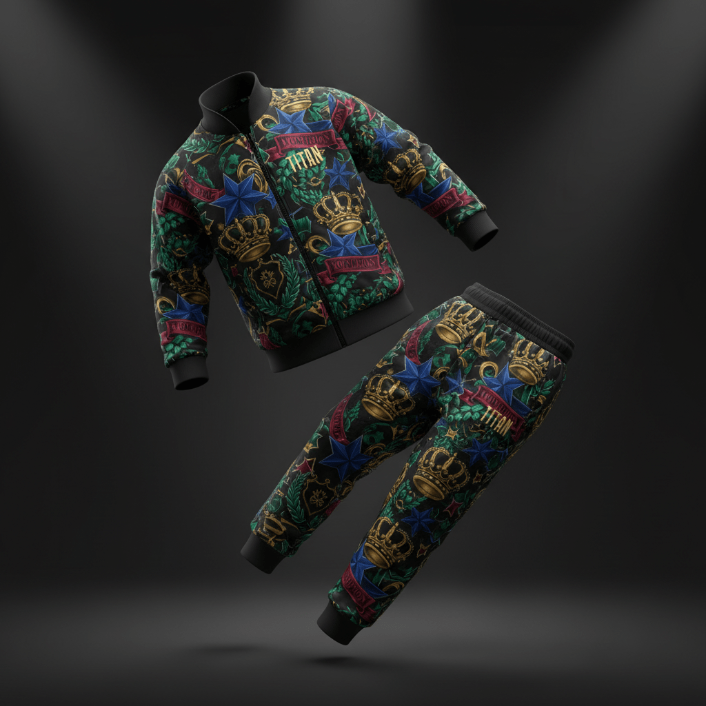 Kids' black tracksuit set featuring gold crowns, blue stars, red banners, and "TITAN" branding on a dark floral print.