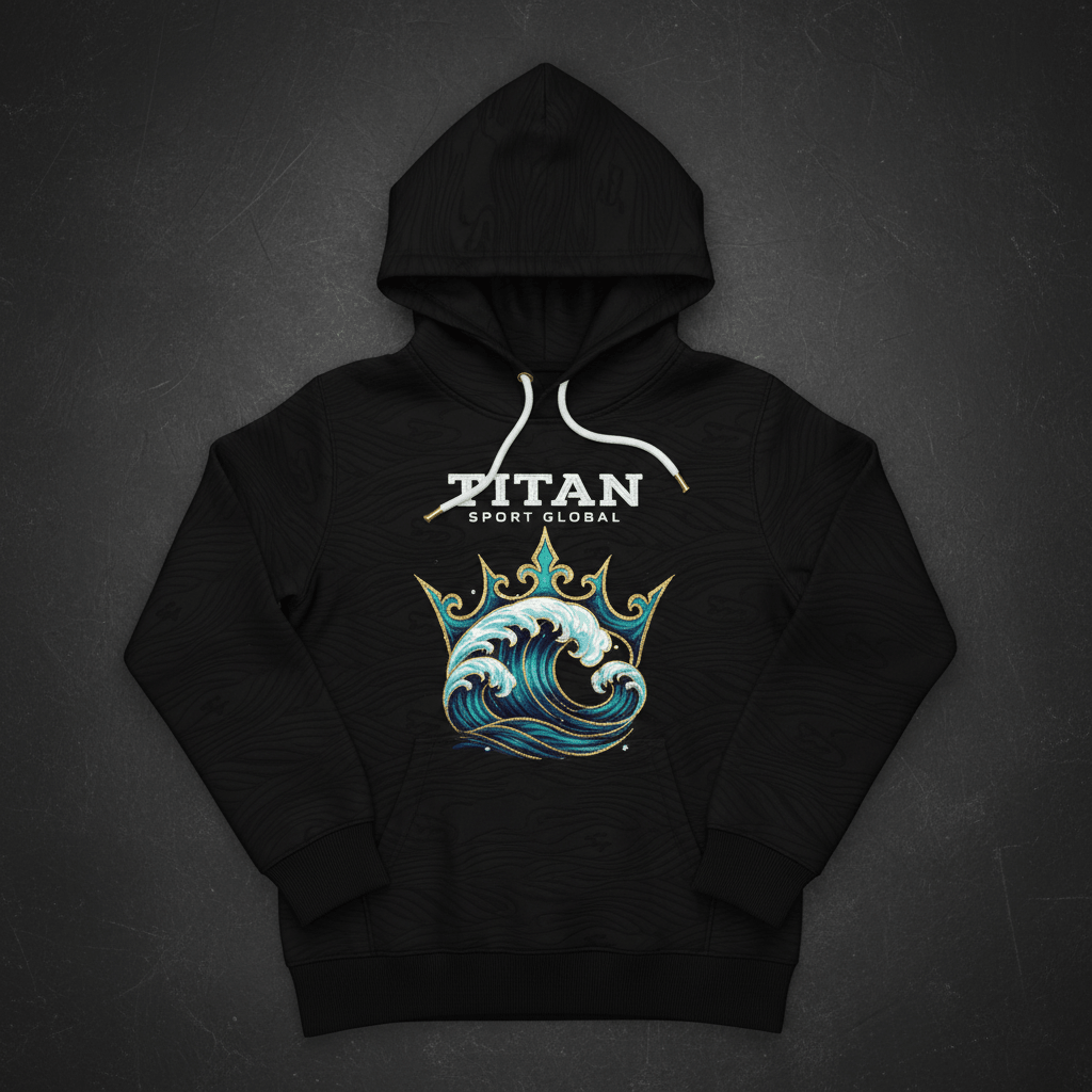Black hoodie with white drawstrings, TITAN SPORT GLOBAL logo, and a gold-crowned blue ocean wave graphic on chest.