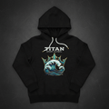 Black hoodie with white drawstrings, TITAN SPORT GLOBAL logo, and a gold-crowned blue ocean wave graphic on chest.