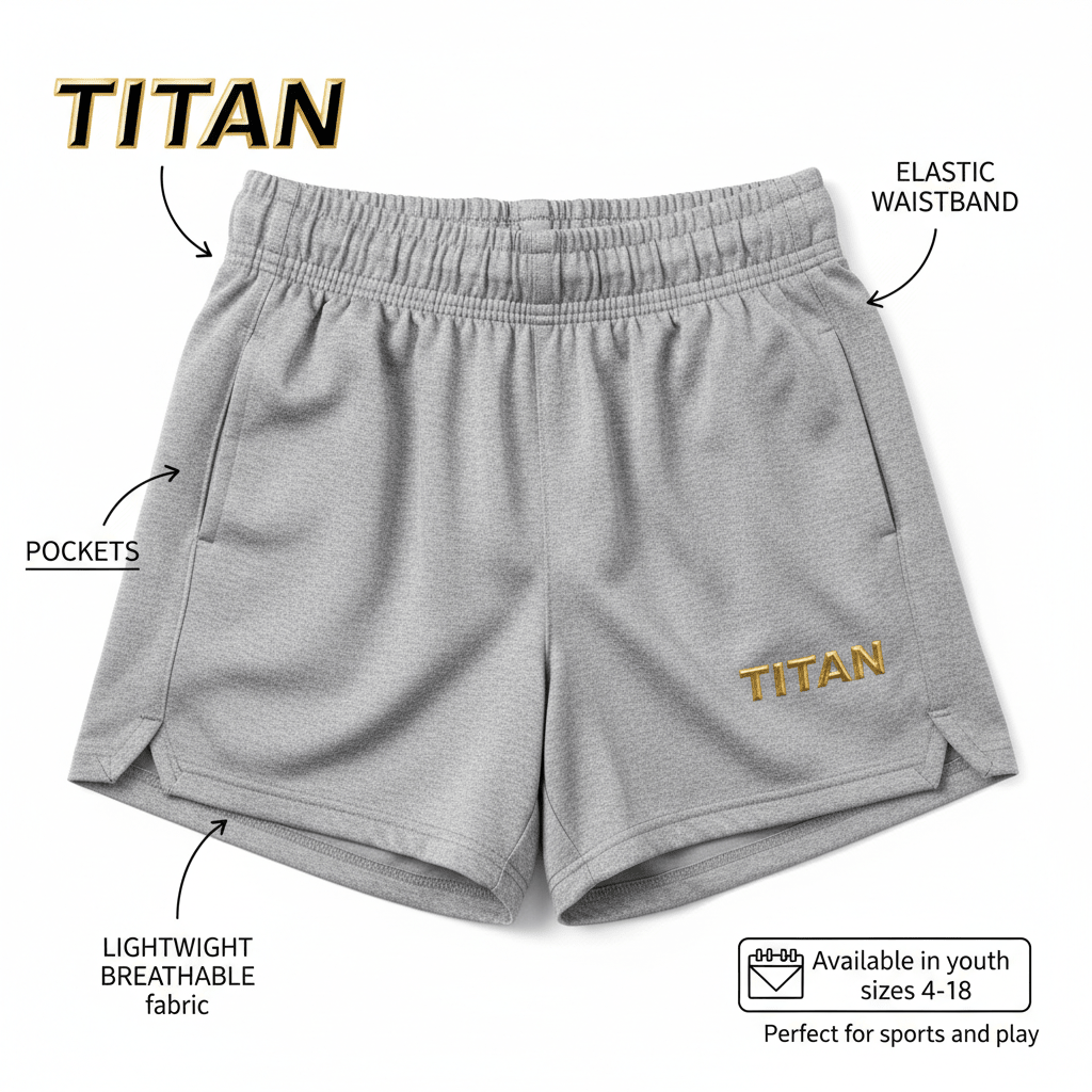 Gray girls' athletic shorts with elastic waistband, side pockets, side slits, and gold embroidered TITAN logo.
