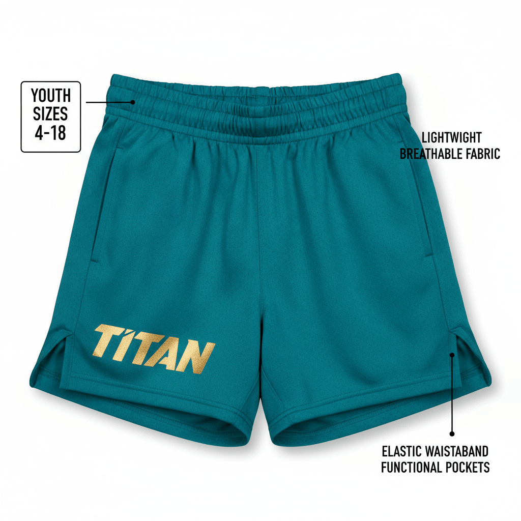 Teal girls' athletic shorts with gold Titan logo, elastic waistband, side pockets, and split-hem design.