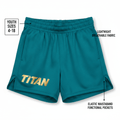 Teal girls' athletic shorts with gold Titan logo, elastic waistband, side pockets, and split-hem design.