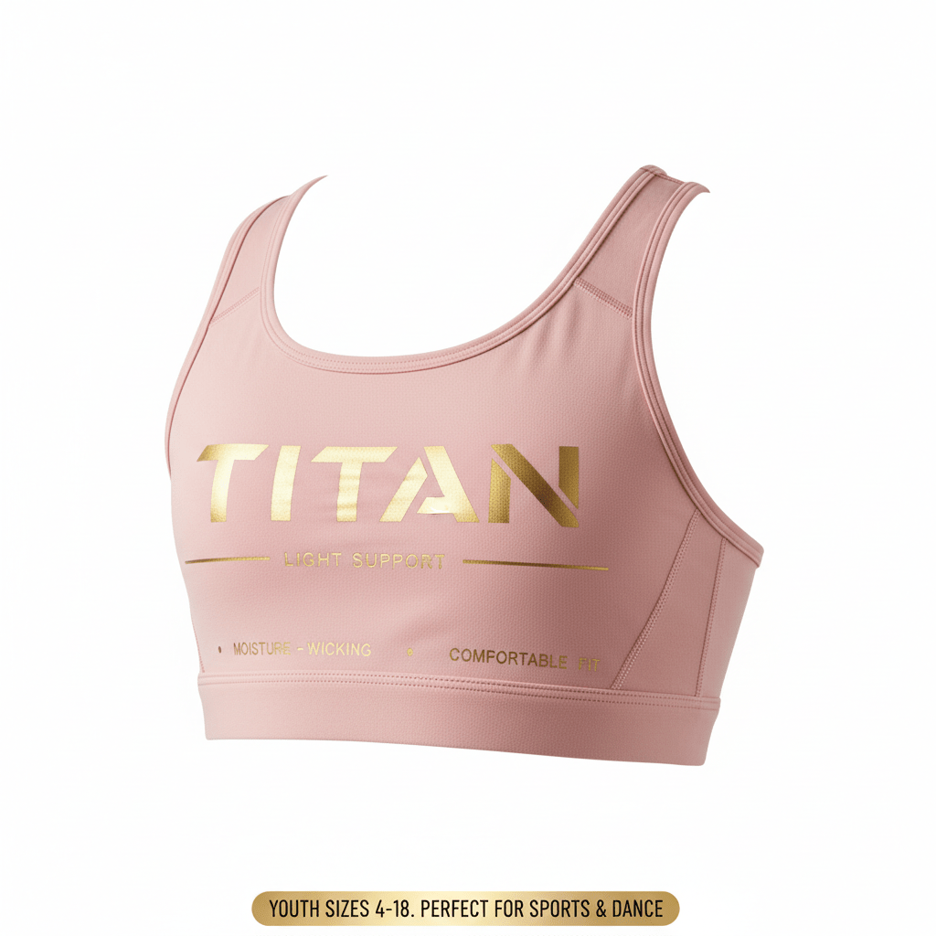 Pink kids' sports bra with gold foil TITAN logo and "Light Support," "Moisture-Wicking," and "Comfortable Fit" text.