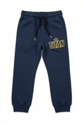 Navy boys' sweatpants with elastic waist, black drawstring, and gold embroidered "TITAN" logo with crown icon.