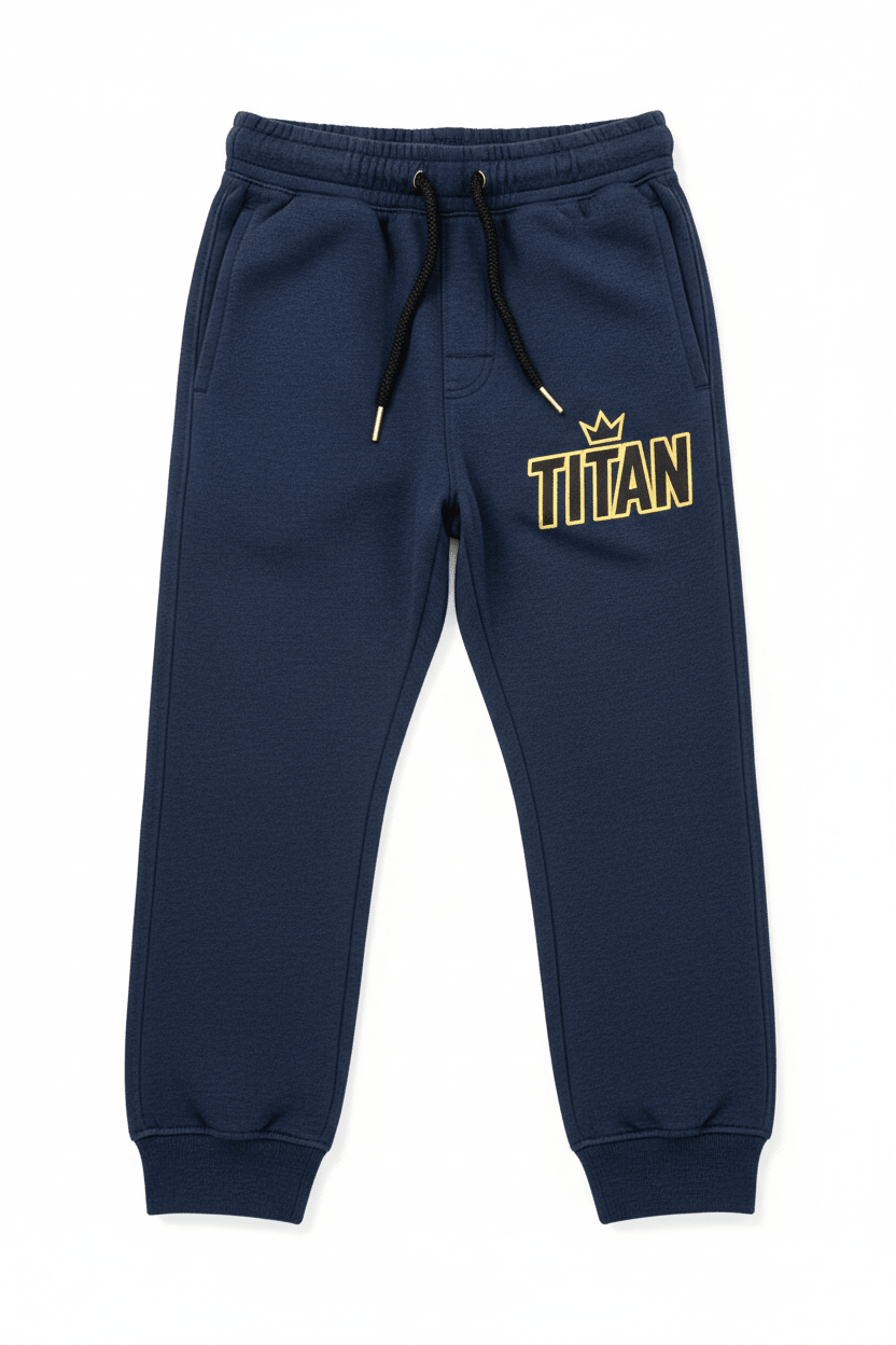 Navy boys' sweatpants with elastic waist, black drawstring, and gold embroidered "TITAN" logo with crown icon.