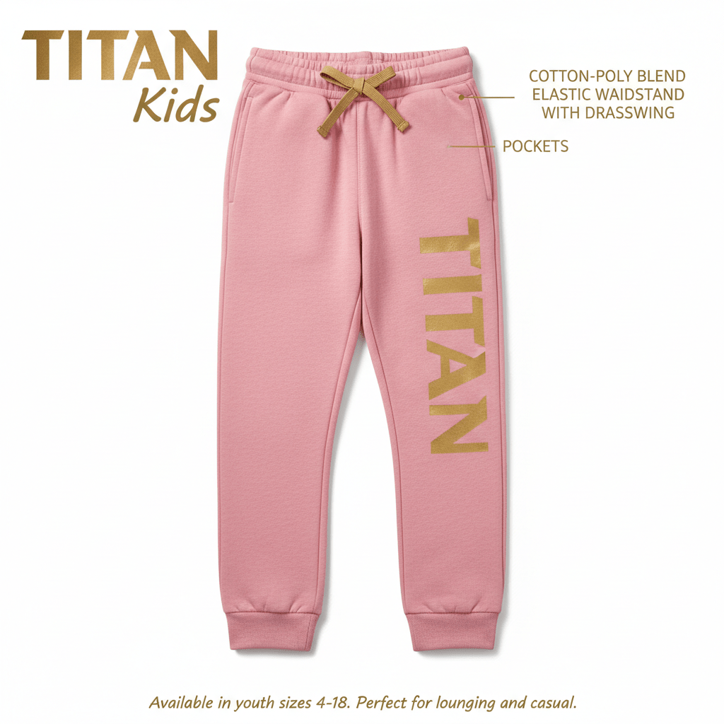 Pink TITAN kids sweatpants featuring an elastic waistband with gold drawstring, side pockets, and gold leg logo.