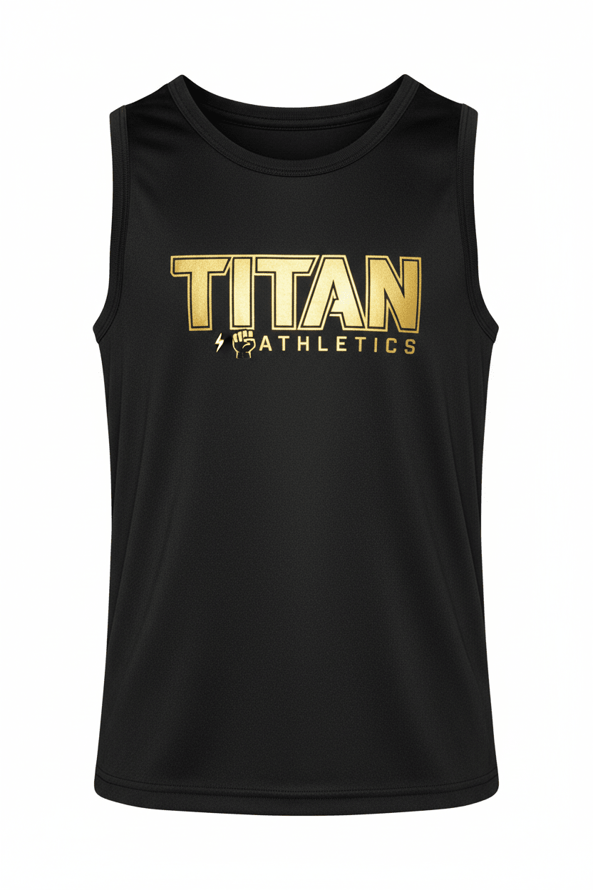 Black sleeveless tank top for boys featuring a gold TITAN ATHLETICS logo with a lightning bolt and fist icon.