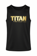 Black sleeveless tank top for boys featuring a gold TITAN ATHLETICS logo with a lightning bolt and fist icon.