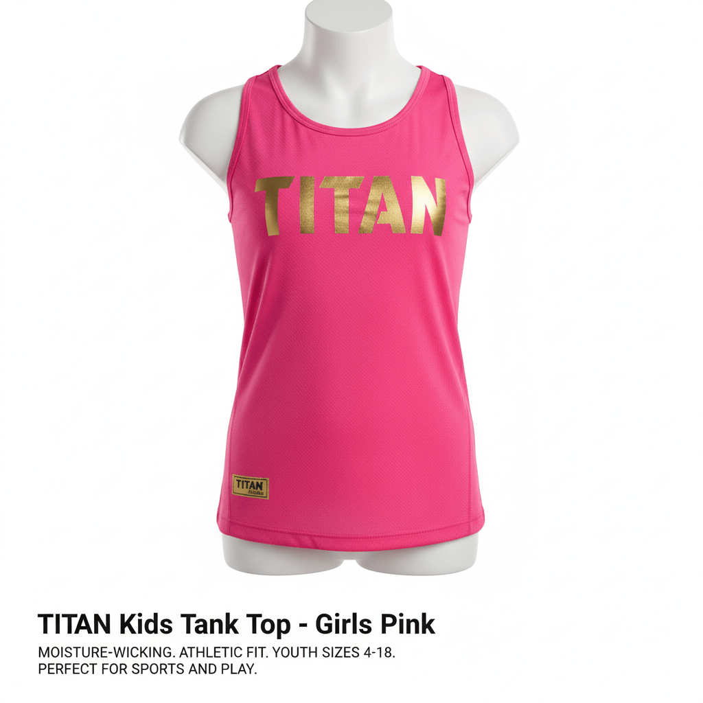 Bright pink kids' athletic tank top with gold metallic "TITAN" logo on chest and small logo patch at bottom hem.