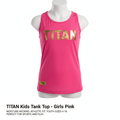 Bright pink kids' athletic tank top with gold metallic "TITAN" logo on chest and small logo patch at bottom hem.