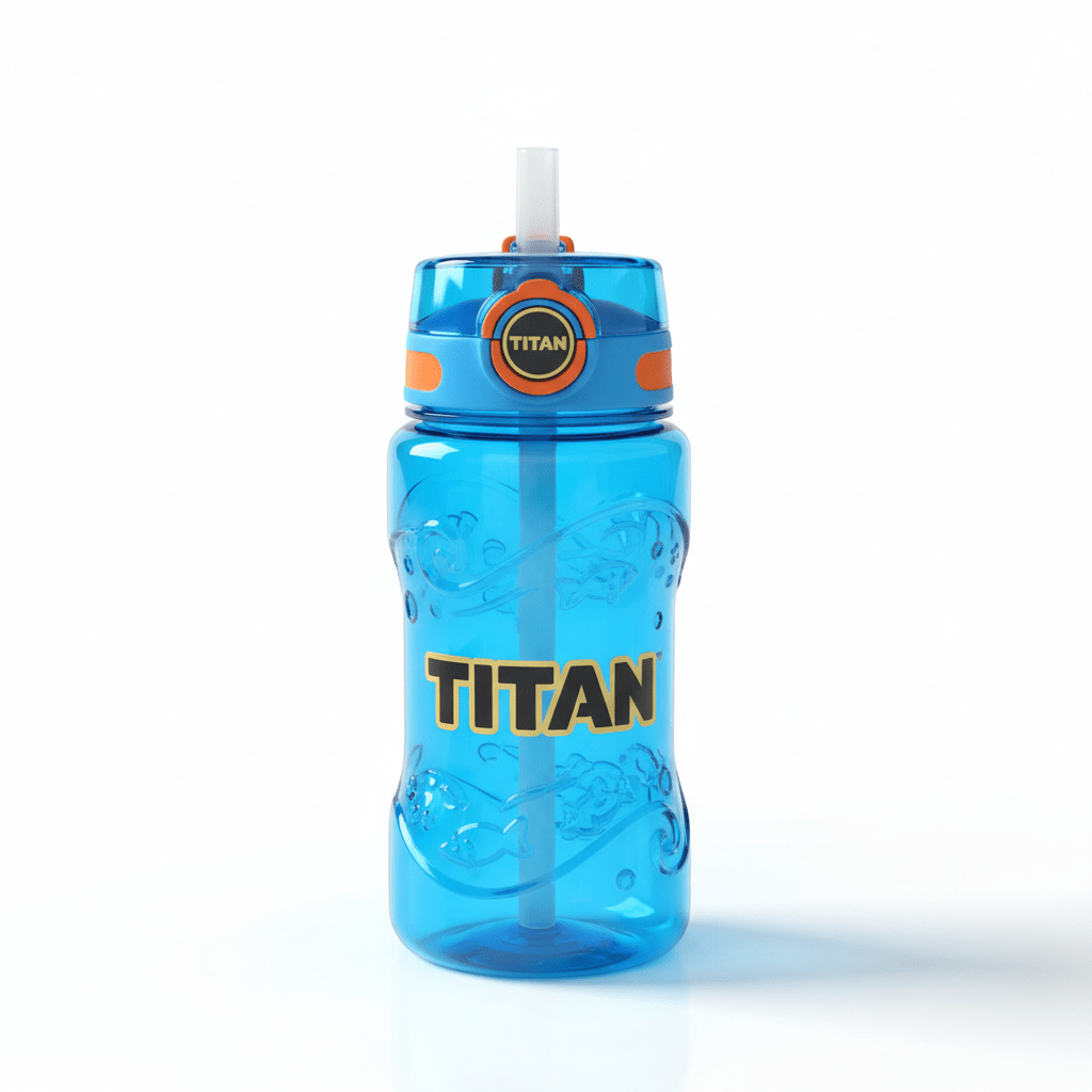 Blue 16oz TITAN kids water bottle with straw, orange accents, and embossed sea-themed graphics on a clear body.