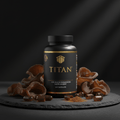 TITAN Kikurage Mushroom supplement bottle on slate with dark mushrooms, brown capsules, and powder on black background.