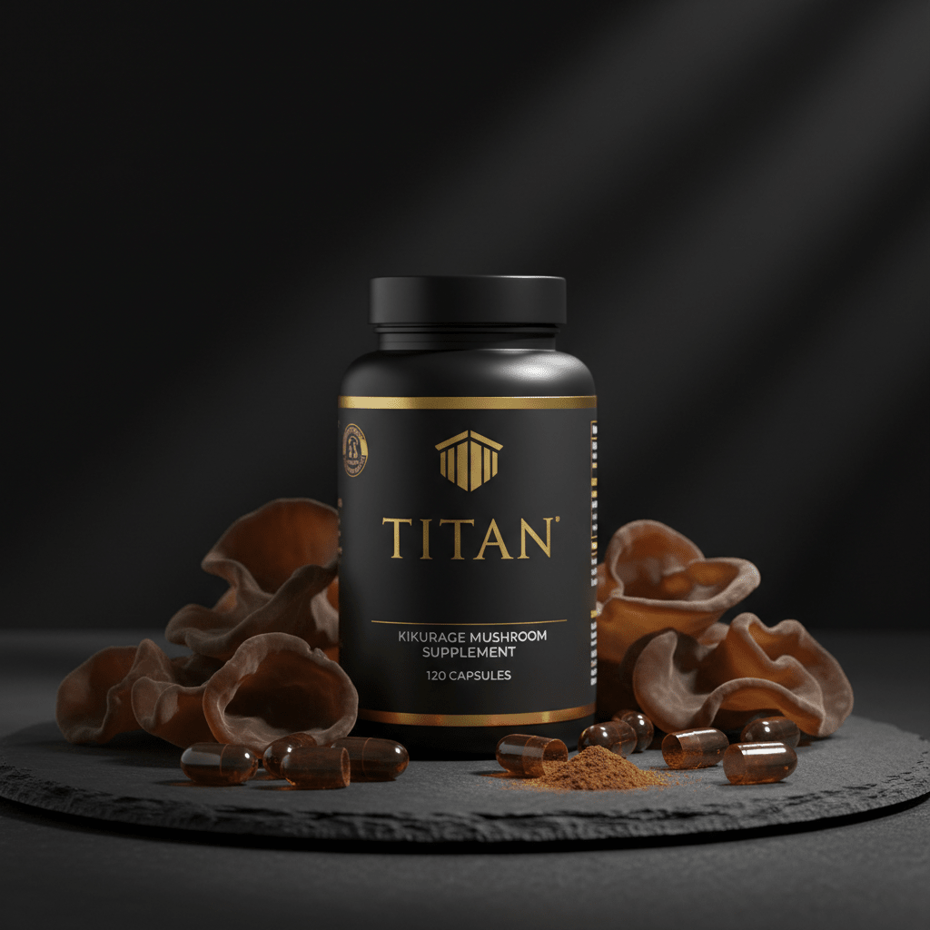 TITAN Kikurage Mushroom supplement bottle on slate with dark mushrooms, brown capsules, and powder on black background.