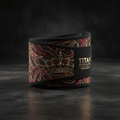 Titan Sport Global knee strap in black, red, and gold, featuring a crown motif and branded black velcro closure.
