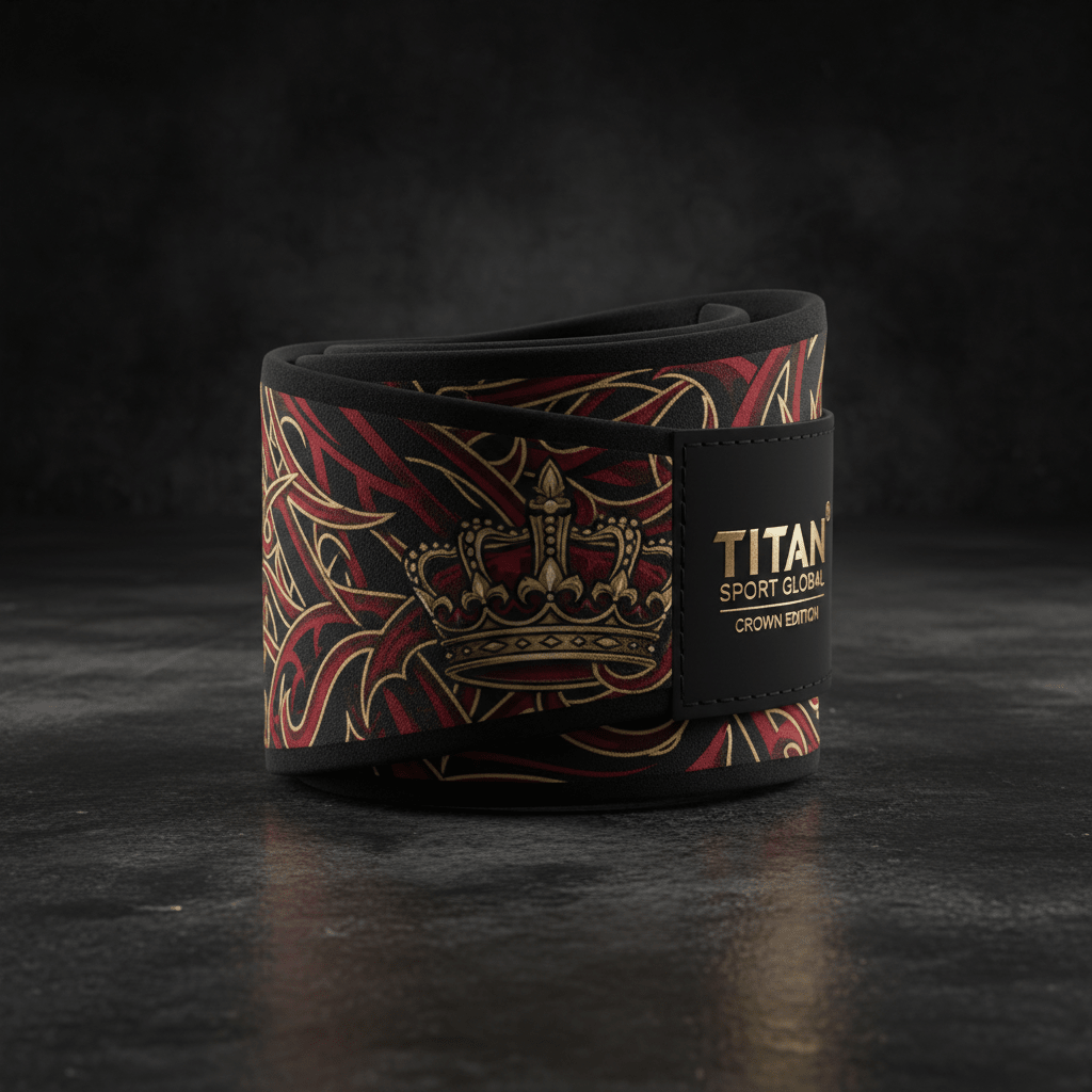 Titan Sport Global knee strap in black, red, and gold, featuring a crown motif and branded black velcro closure.