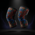 Titan 7mm knee sleeves featuring a gothic, colorful design of red griffins, blue snakes, skulls, and roses.
