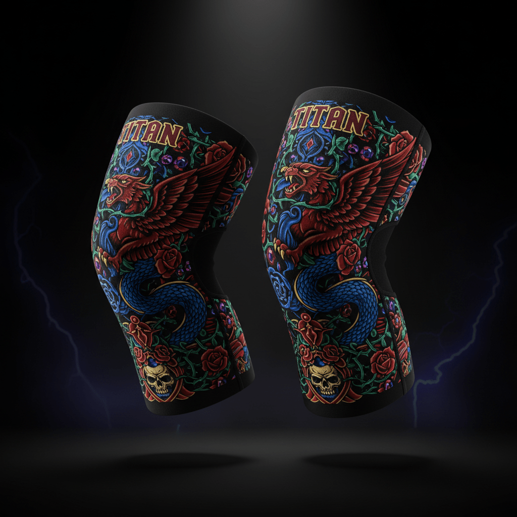 Titan 7mm knee sleeves featuring a gothic, colorful design of red griffins, blue snakes, skulls, and roses.