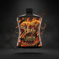 Black bottle of Titan L-Carnitine featuring a flaming cheetah illustration, gold branding, and orange fire motifs.
