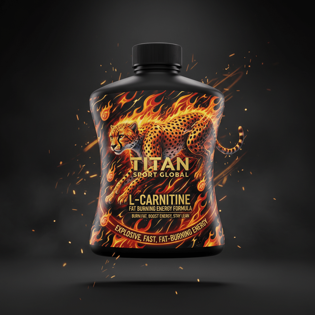 Black bottle of Titan L-Carnitine featuring a flaming cheetah illustration, gold branding, and orange fire motifs.