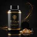 Black bottle of Titan L-Carnitine 60 capsules with gold logo and accents on a black background with gold light swirls.