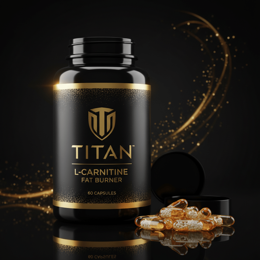 Black bottle of Titan L-Carnitine 60 capsules with gold logo and accents on a black background with gold light swirls.